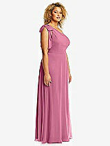 Side View Thumbnail - Orchid Pink Draped One-Shoulder Maxi Dress with Scarf Bow