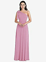 Alt View 1 Thumbnail - Powder Pink Draped One-Shoulder Maxi Dress with Scarf Bow