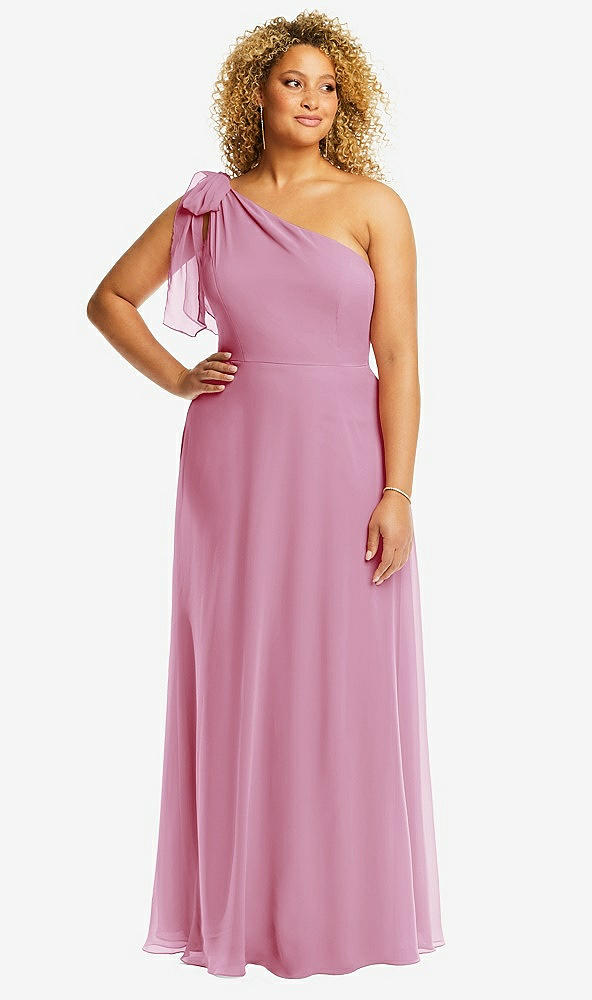 Front View - Powder Pink Draped One-Shoulder Maxi Dress with Scarf Bow