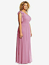 Side View Thumbnail - Powder Pink Draped One-Shoulder Maxi Dress with Scarf Bow