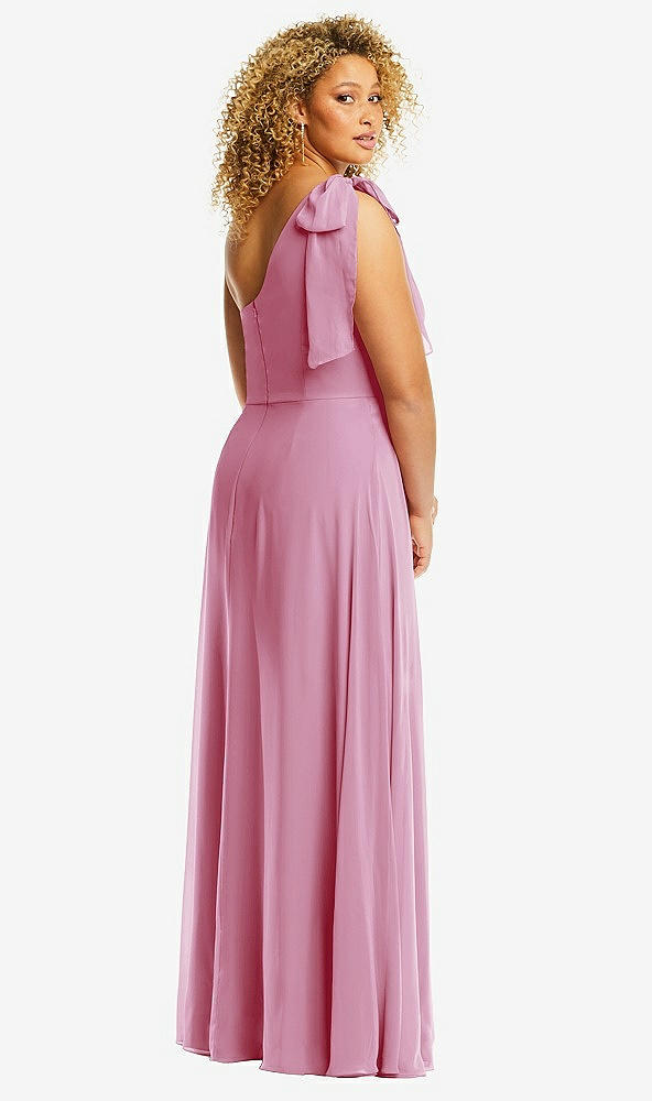Back View - Powder Pink Draped One-Shoulder Maxi Dress with Scarf Bow