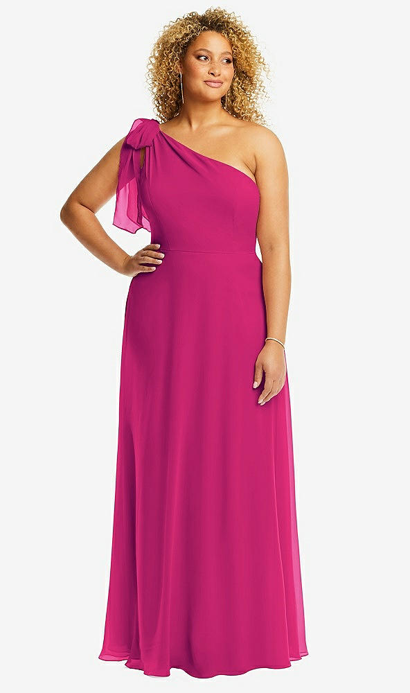 Front View - Think Pink Draped One-Shoulder Maxi Dress with Scarf Bow