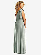 Rear View Thumbnail - Willow Green Draped One-Shoulder Maxi Dress with Scarf Bow