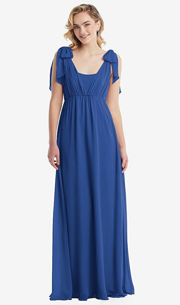 Front View - Classic Blue Empire Waist Shirred Skirt Convertible Sash Tie Maxi Dress