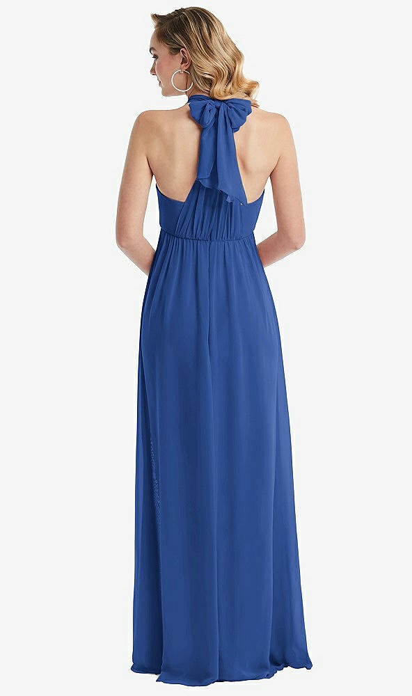 Back View - Classic Blue Empire Waist Shirred Skirt Convertible Sash Tie Maxi Dress