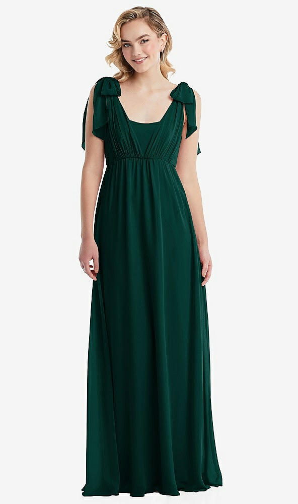 Front View - Evergreen Empire Waist Shirred Skirt Convertible Sash Tie Maxi Dress