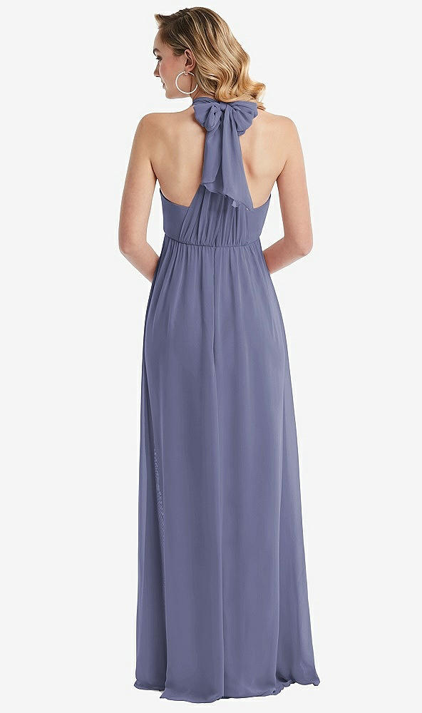 Back View - French Blue Empire Waist Shirred Skirt Convertible Sash Tie Maxi Dress