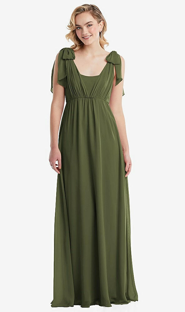 Front View - Olive Green Empire Waist Shirred Skirt Convertible Sash Tie Maxi Dress