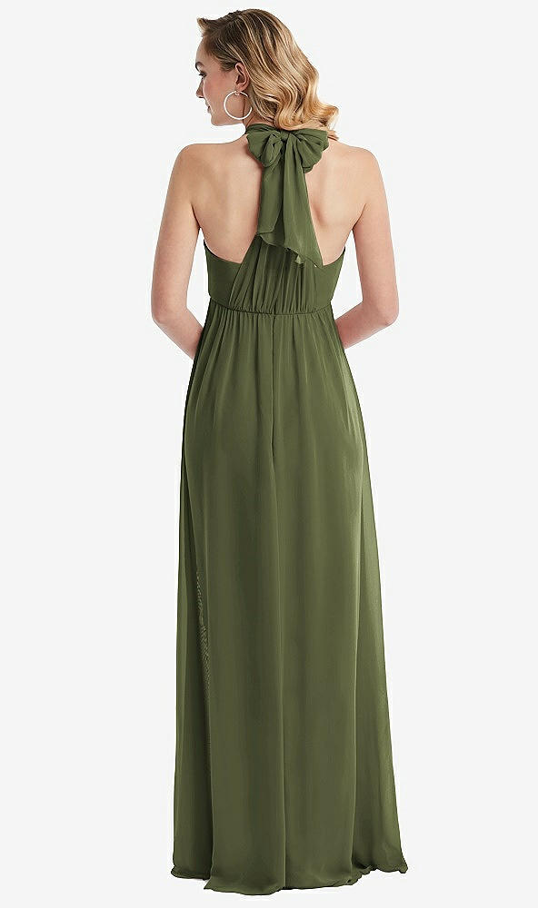 Back View - Olive Green Empire Waist Shirred Skirt Convertible Sash Tie Maxi Dress