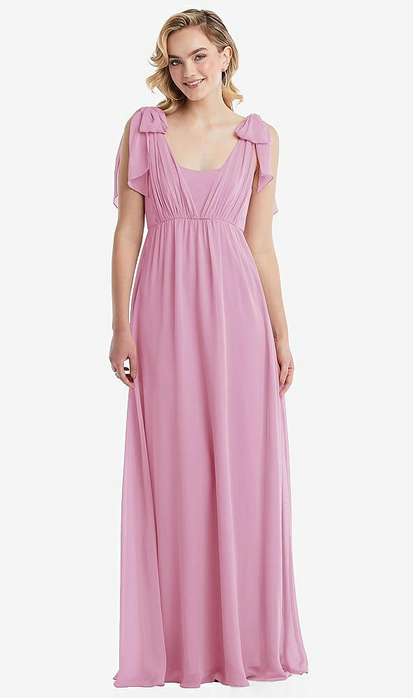 Front View - Powder Pink Empire Waist Shirred Skirt Convertible Sash Tie Maxi Dress