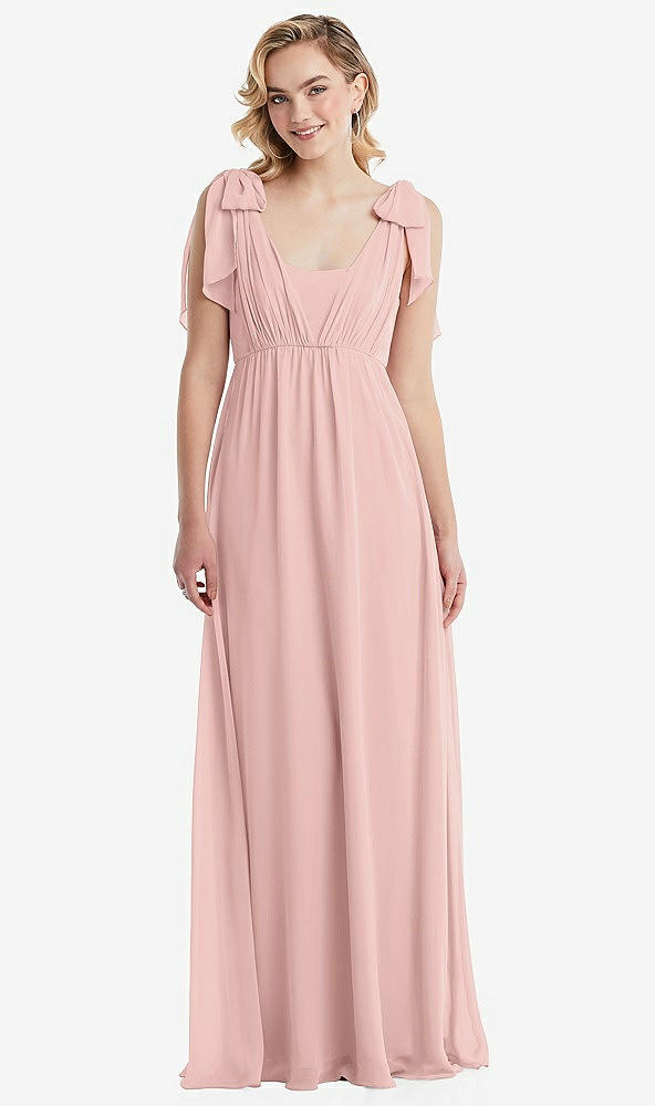 Front View - Rose - PANTONE Rose Quartz Empire Waist Shirred Skirt Convertible Sash Tie Maxi Dress