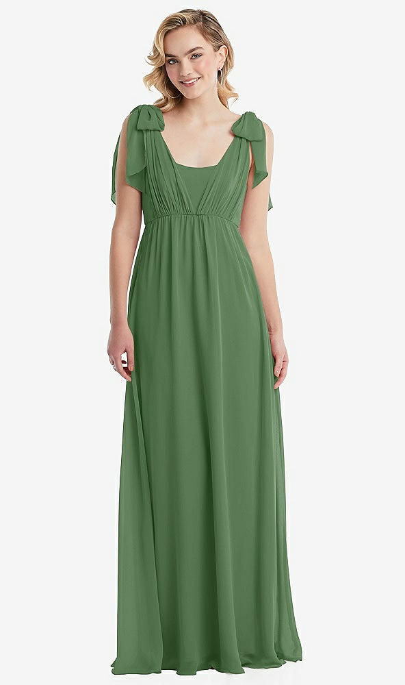 Front View - Vineyard Green Empire Waist Shirred Skirt Convertible Sash Tie Maxi Dress