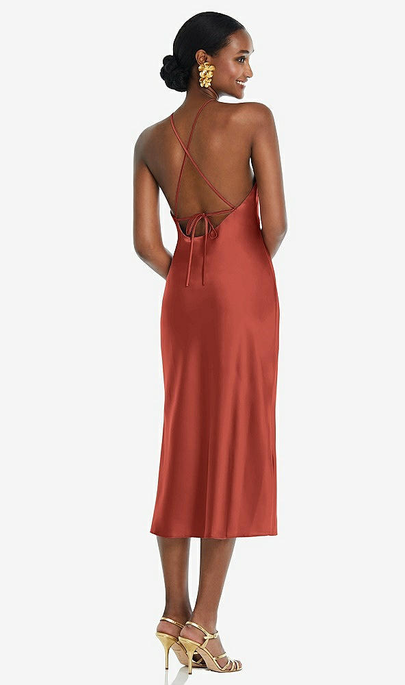 Back View - Amber Sunset Diamond Halter Bias Midi Slip Dress with Convertible Straps