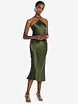 Front View Thumbnail - Olive Green Diamond Halter Bias Midi Slip Dress with Convertible Straps