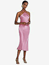 Front View Thumbnail - Powder Pink Diamond Halter Bias Midi Slip Dress with Convertible Straps