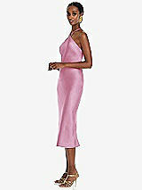 Side View Thumbnail - Powder Pink Diamond Halter Bias Midi Slip Dress with Convertible Straps