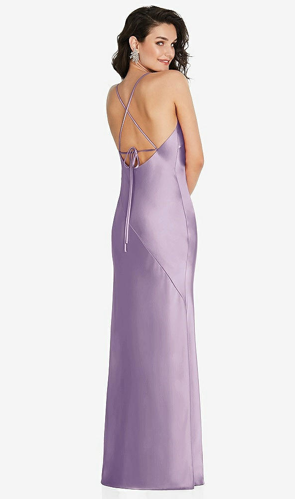 Back View - Pale Purple V-Neck Convertible Strap Bias Slip Dress with Front Slit