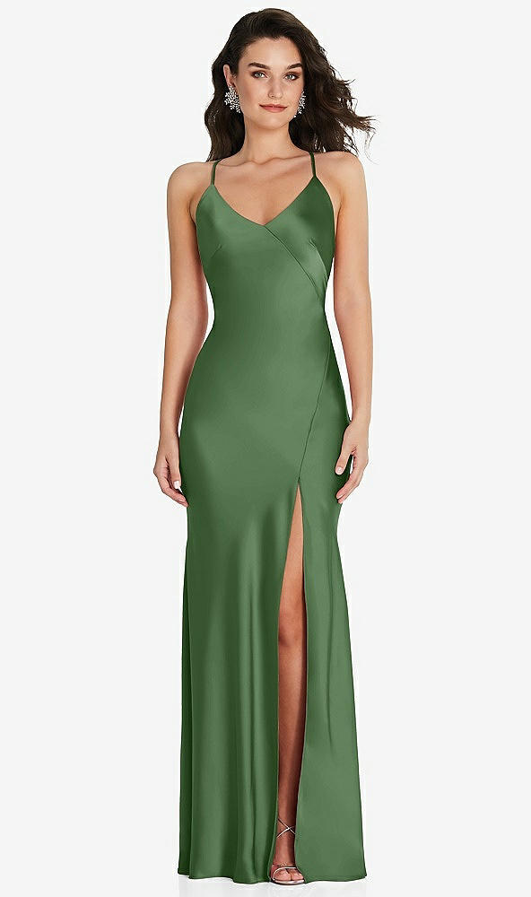 Front View - Vineyard Green V-Neck Convertible Strap Bias Slip Dress with Front Slit