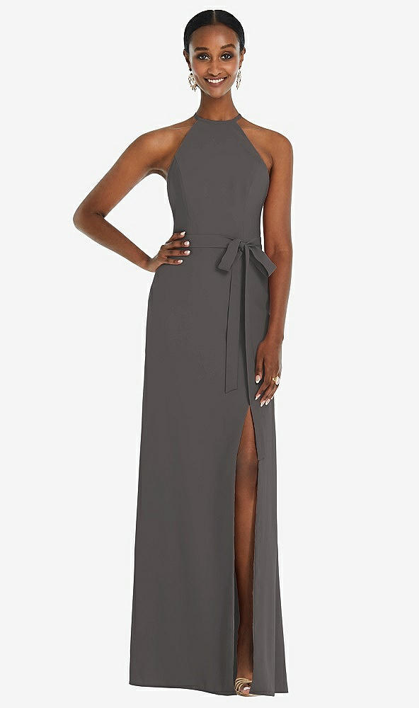 Back View - Caviar Gray Halter Criss Cross Cutout Back Maxi Dress