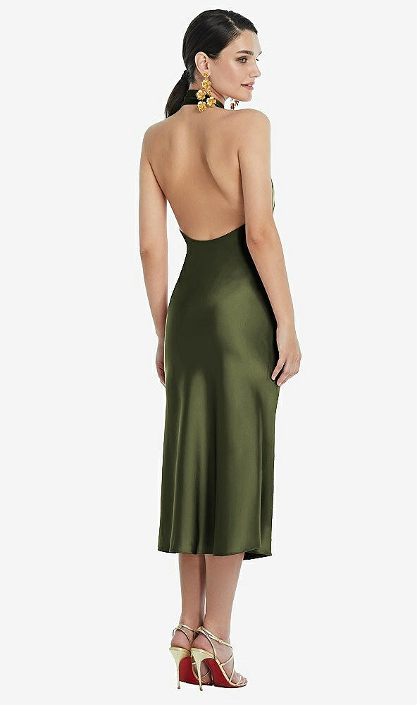 Back View - Olive Green Scarf Tie Stand Collar Midi Bias Dress with Front Slit