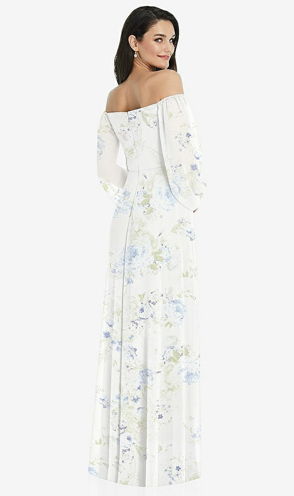 Back View - Bleu Garden Off-the-Shoulder Puff Sleeve Maxi Dress with Front Slit