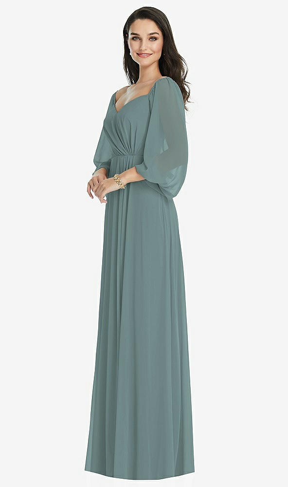 Front View - Icelandic Off-the-Shoulder Puff Sleeve Maxi Dress with Front Slit