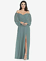 Side View Thumbnail - Icelandic Off-the-Shoulder Puff Sleeve Maxi Dress with Front Slit