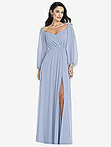 Alt View 1 Thumbnail - Sky Blue Off-the-Shoulder Puff Sleeve Maxi Dress with Front Slit