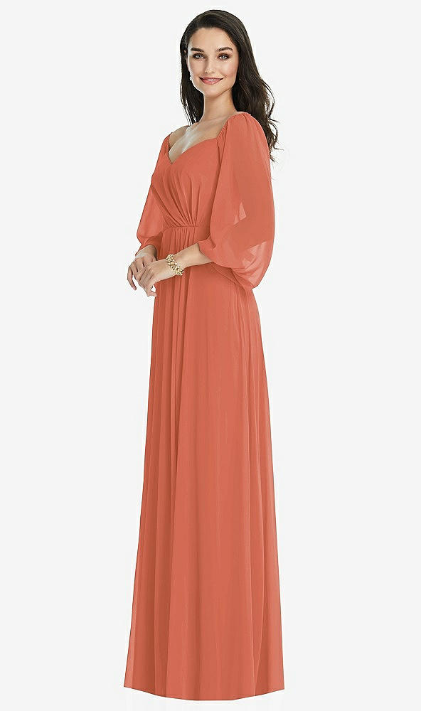 Front View - Terracotta Copper Off-the-Shoulder Puff Sleeve Maxi Dress with Front Slit