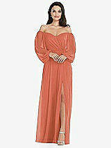 Side View Thumbnail - Terracotta Copper Off-the-Shoulder Puff Sleeve Maxi Dress with Front Slit