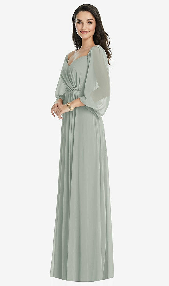 Front View - Willow Green Off-the-Shoulder Puff Sleeve Maxi Dress with Front Slit