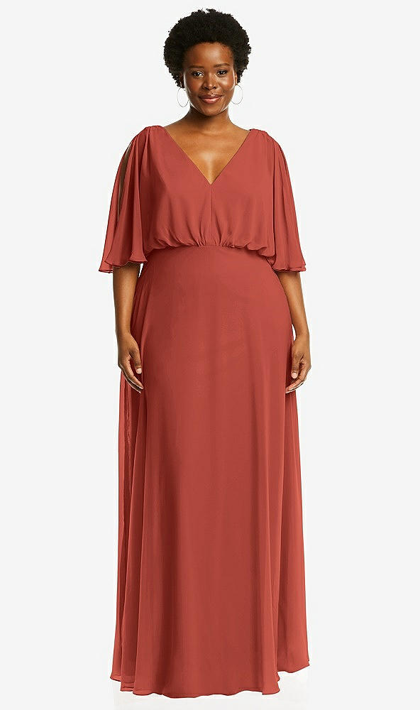 Front View - Amber Sunset V-Neck Split Sleeve Blouson Bodice Maxi Dress