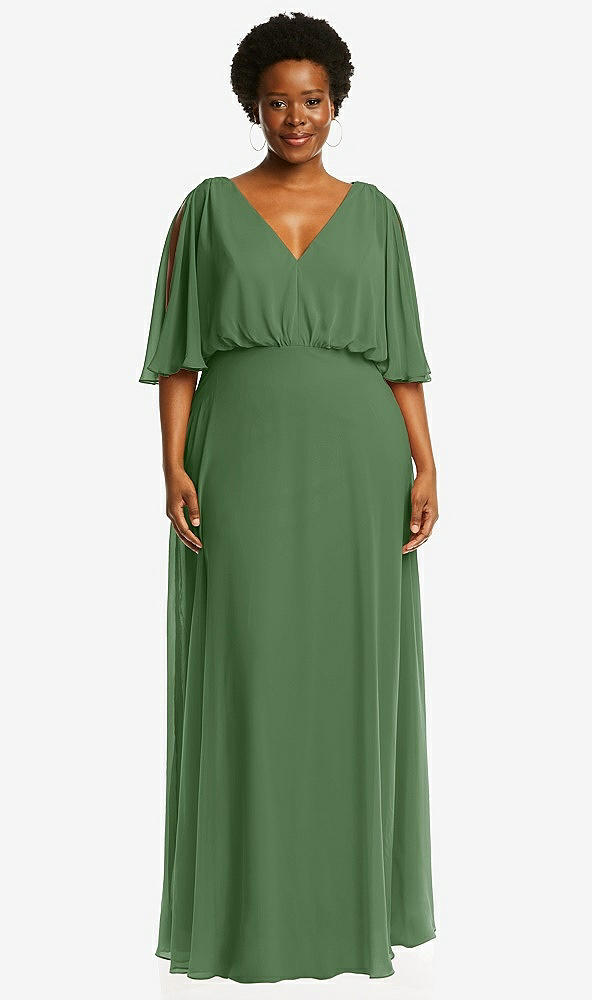 Front View - Vineyard Green V-Neck Split Sleeve Blouson Bodice Maxi Dress