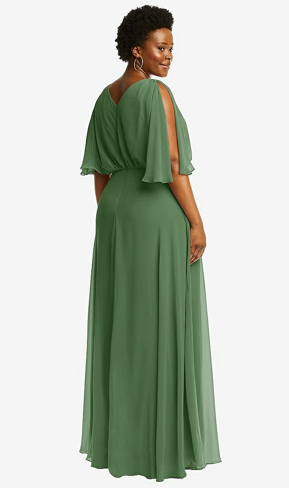 Back View - Vineyard Green V-Neck Split Sleeve Blouson Bodice Maxi Dress