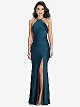 Front View Thumbnail - Atlantic Blue Halter Convertible Strap Bias Slip Dress With Front Slit