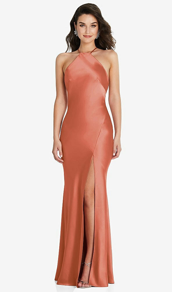 Front View - Terracotta Copper Halter Convertible Strap Bias Slip Dress With Front Slit