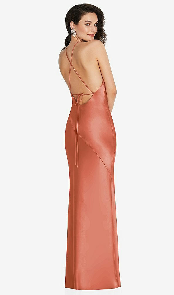 Back View - Terracotta Copper Halter Convertible Strap Bias Slip Dress With Front Slit