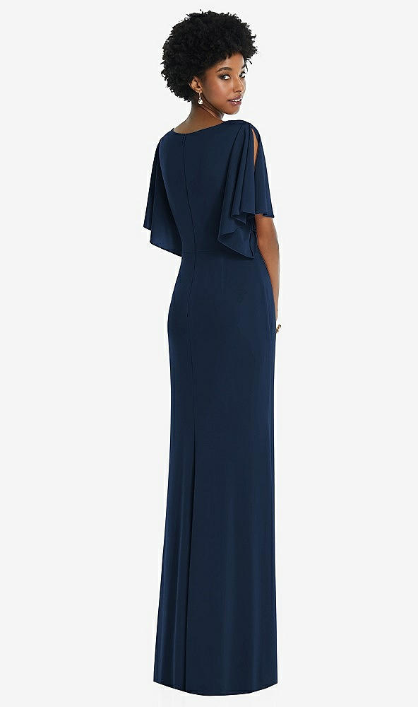 Back View - Midnight Navy Faux Wrap Split Sleeve Maxi Dress with Cascade Skirt