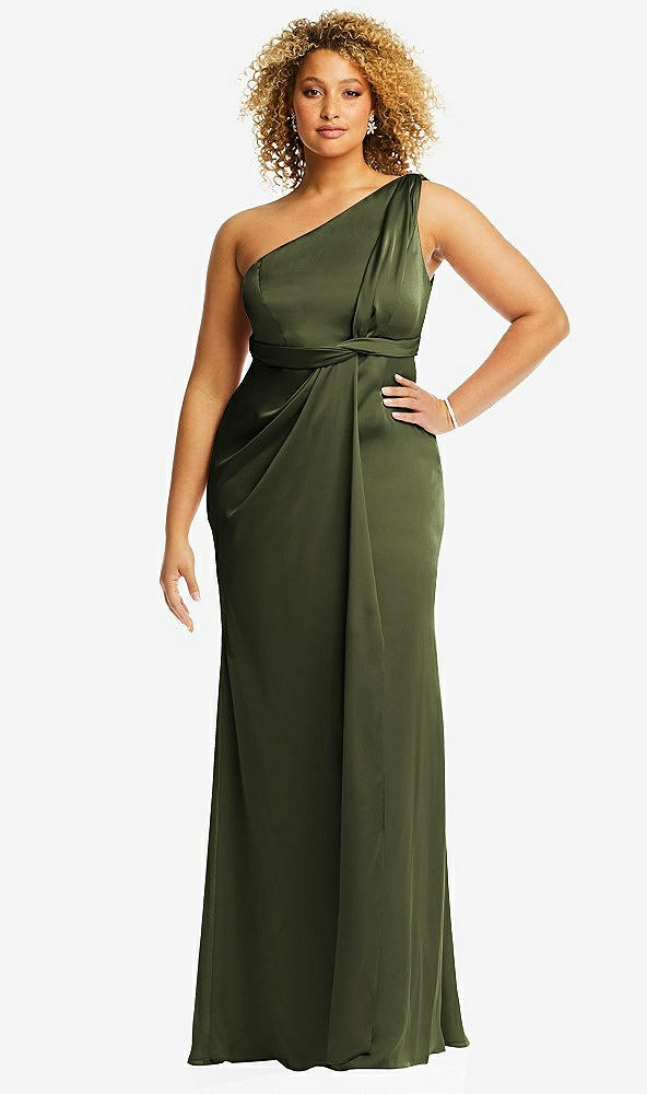 Front View - Olive Green One-Shoulder Draped Twist Empire Waist Trumpet Gown