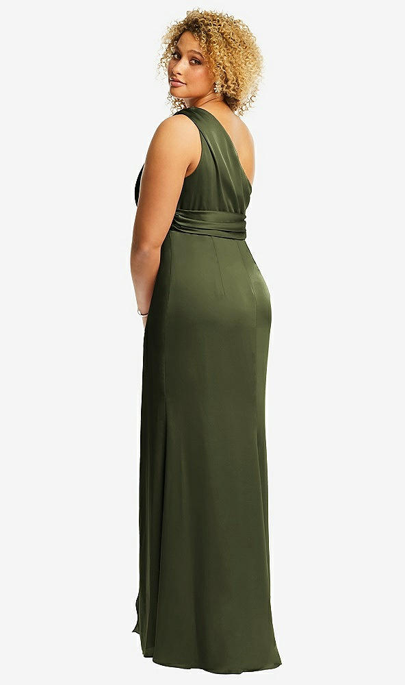 Back View - Olive Green One-Shoulder Draped Twist Empire Waist Trumpet Gown