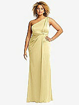 Front View Thumbnail - Pale Yellow One-Shoulder Draped Twist Empire Waist Trumpet Gown