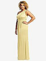 Side View Thumbnail - Pale Yellow One-Shoulder Draped Twist Empire Waist Trumpet Gown
