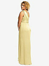 Rear View Thumbnail - Pale Yellow One-Shoulder Draped Twist Empire Waist Trumpet Gown