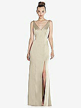 Rear View Thumbnail - Champagne Draped Cowl-Back Princess Line Dress with Front Slit