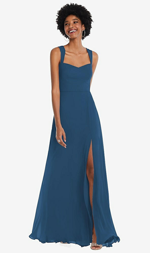 Front View - Dusk Blue Contoured Wide Strap Sweetheart Maxi Dress