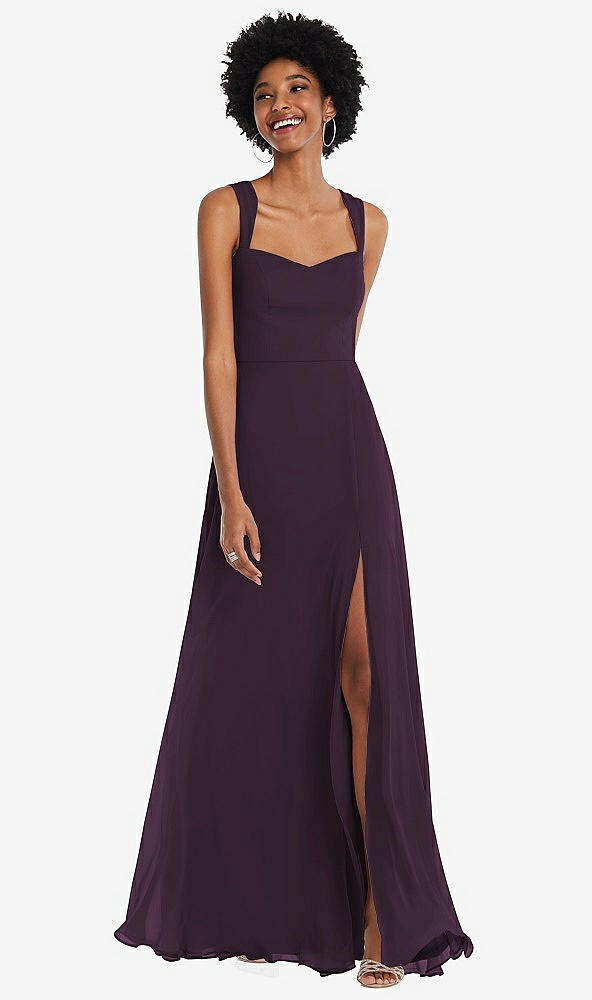 Front View - Aubergine Contoured Wide Strap Sweetheart Maxi Dress