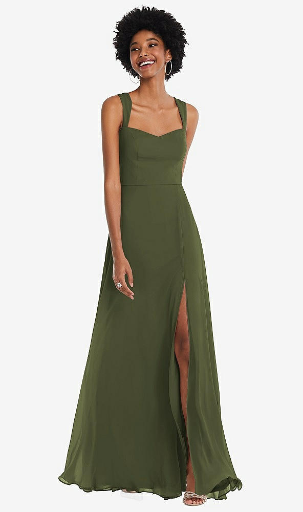 Front View - Olive Green Contoured Wide Strap Sweetheart Maxi Dress