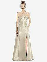 Front View Thumbnail - Champagne Bow Cuff Strapless Satin Ball Gown with Pockets
