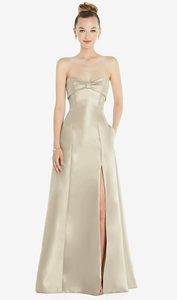 Front View - Champagne Bow Cuff Strapless Satin Ball Gown with Pockets