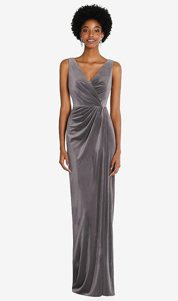 Front View - Caviar Gray Draped Skirt Faux Wrap Velvet Maxi Dress